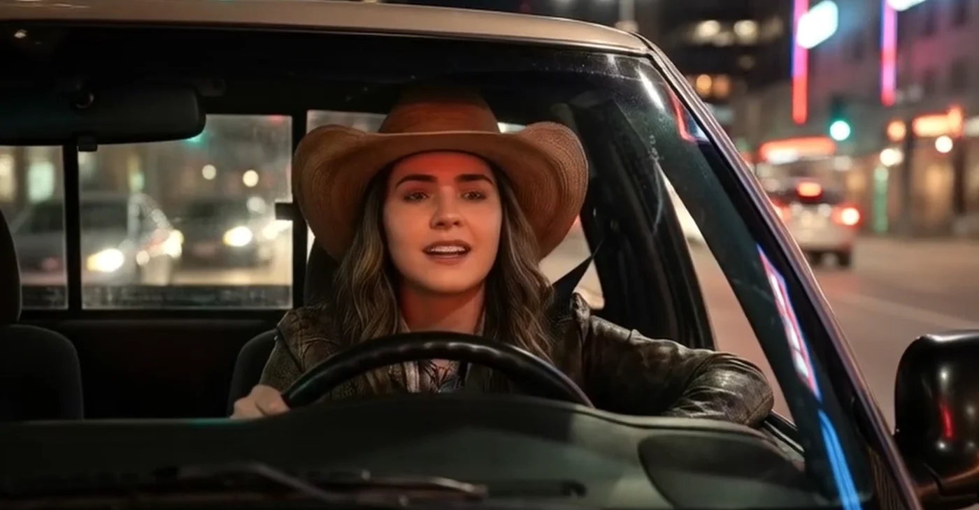 Cantora ao volante em cena noturna de videoclipe